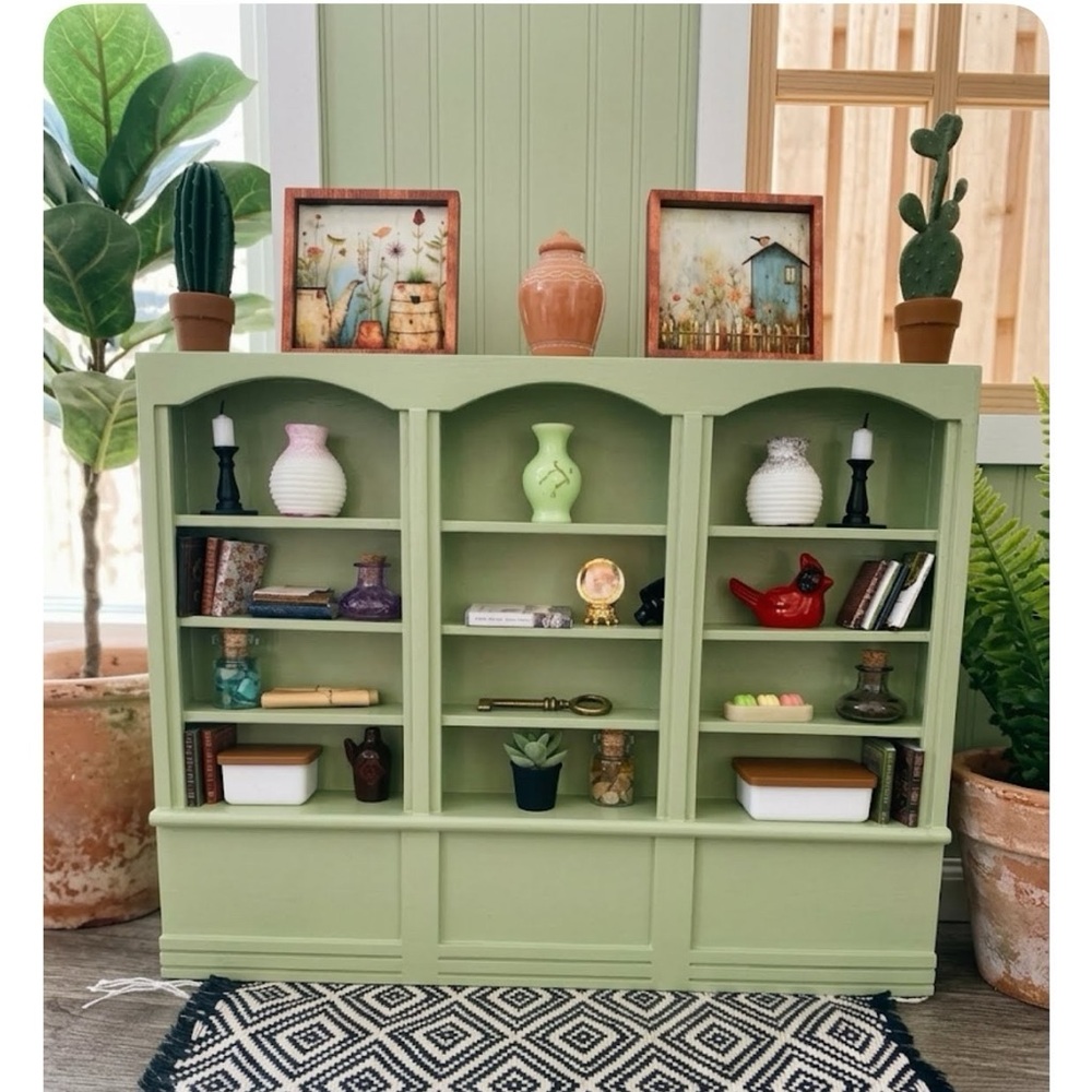 Dollhouse Wood Shelving Unit - Antique Celery Color Bookcase